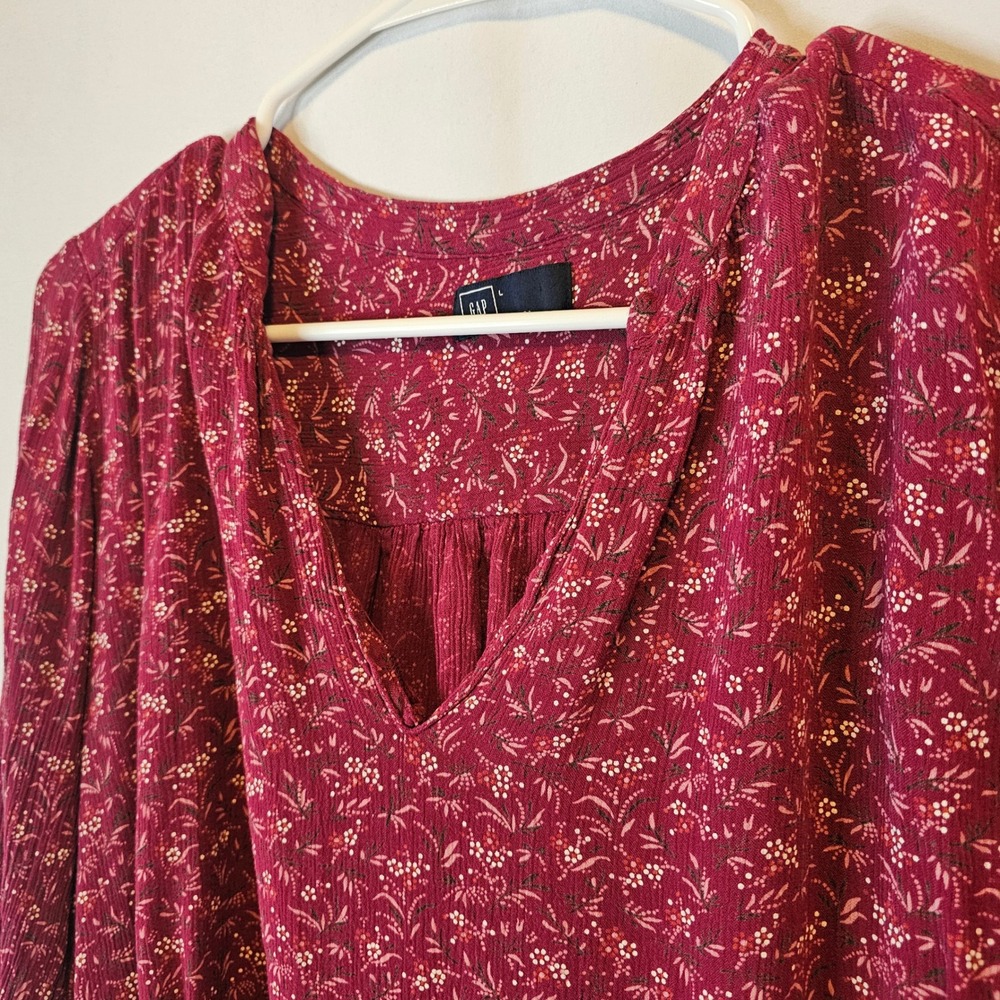 GAP Floral V-Neck Blouse Large Burgundy Boho Peasant Top Cottagecore, feminine - Picture 2 of 9